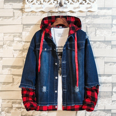 Hooded Fashion Korean Casual Fake Two-Piece Stitching Denim Plaid Jacket Jacket