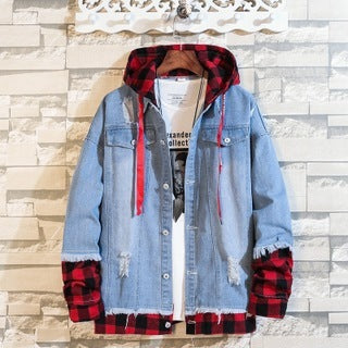 Hooded Fashion Korean Casual Fake Two-Piece Stitching Denim Plaid Jacket Jacket