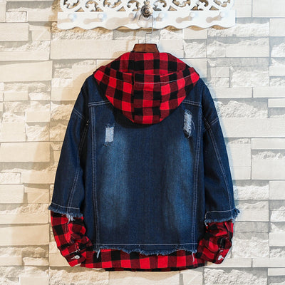 Hooded Fashion Korean Casual Fake Two-Piece Stitching Denim Plaid Jacket Jacket