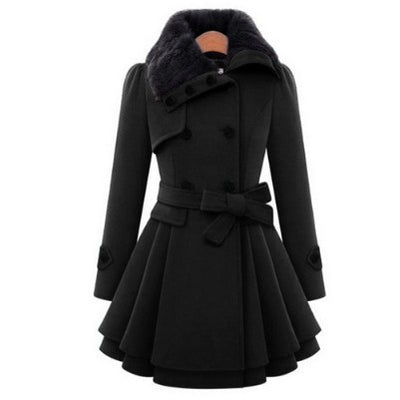 Women's Slim Mid-length Woolen Coat With Belt Thickened Double-breasted Padded Windbreaker Coat