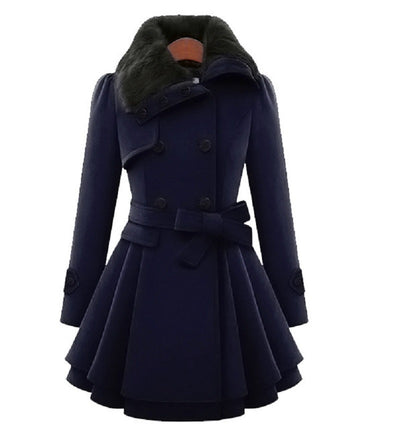 Women's Slim Mid-length Woolen Coat With Belt Thickened Double-breasted Padded Windbreaker Coat