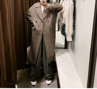 Retro Wild Long Houndstooth Woolen Coat