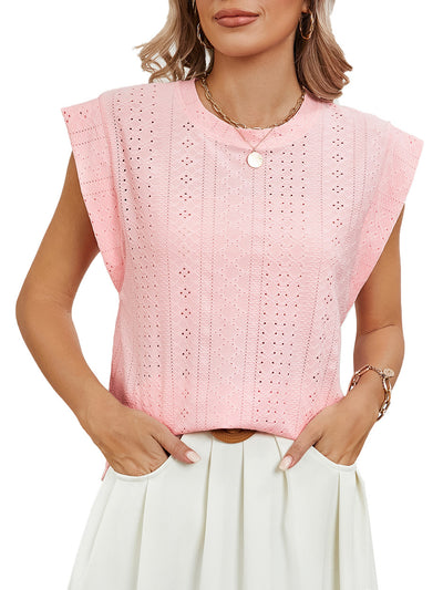 Summer Hollow Short-sleeved T-shirt Vest Fashion Solid Color Loose Round Neck Top For Womens Clothing