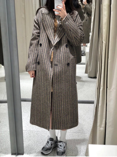 Retro Wild Long Houndstooth Woolen Coat