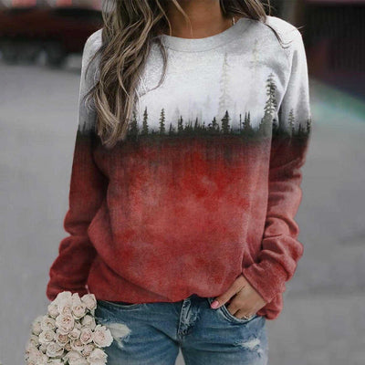 Casual Women's Pine Printed Crew Neck Sweatshirt