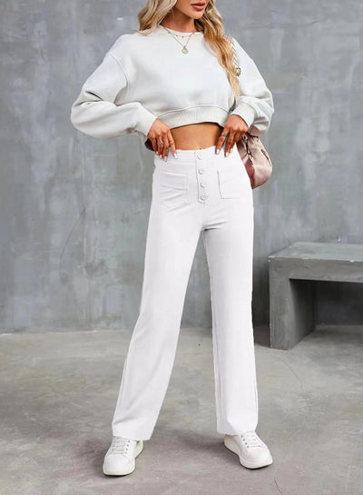 High Waist Trousers With Pockets Casual Loose Wide Leg Button Straight Pants Women's Clothing