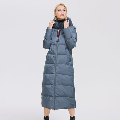 Hooded Stand Collar Coat Extra Long Thermal And Windproof Zipper Cotton-padded Coat