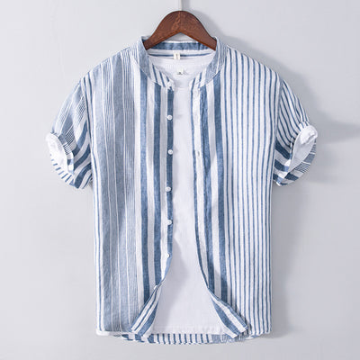 Men's Half Sleeve Striped Shirt Casual Linen Breathable Color Matching Short Sleeve Shirt Men