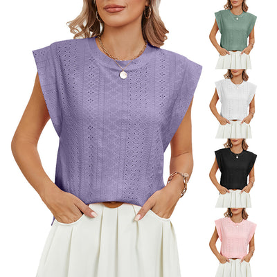 Summer Hollow Short-sleeved T-shirt Vest Fashion Solid Color Loose Round Neck Top For Womens Clothing